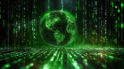 Fototapeta premium Green Globe Symbolizing Connectivity and Globalization with Cascading Binary Code in Cyberpunk Style