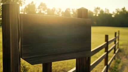 Fototapeta premium A wooden signpost in a sunlit field with a fence in the background.