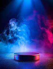 Abstract 3D Podium with Neon Spotlights and Smoke Effect, Futuristic Product Display Background