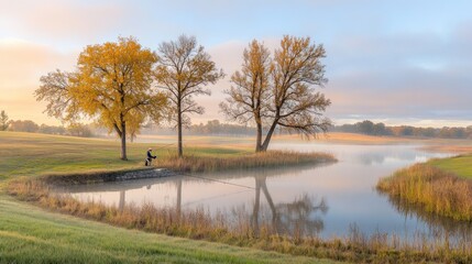 Fototapeta premium A serene landscape with a fisherman by a calm pond surrounded by trees and morning light.