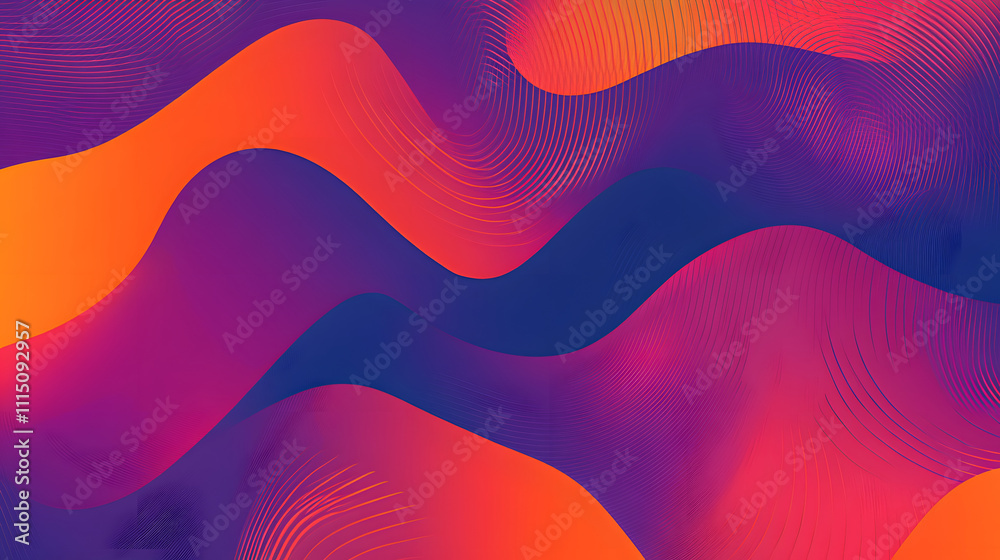 Poster a vibrant abstract design featuring flowing waves in shades of orange, purple, and blue, creating a 
