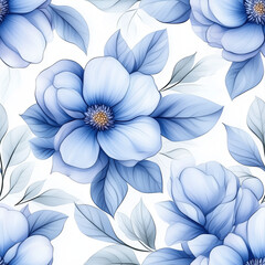 Obraz premium A seamless pattern pink watercolor large floral motifs with leaves in pastel blue monochromatic color scheme