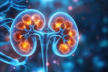 Hyper-realistic Illustration of Human Kidney Anatomy with Soft Blue and Orange Lighting Detail