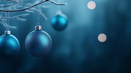 Obraz premium A serene image of blue and silver Christmas ornaments hanging from frosted branches, with a soft glowing light behind, creating a peaceful atmosphere 