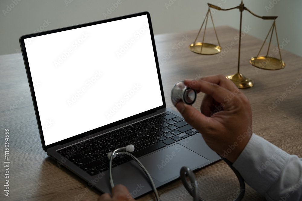 Poster man working businessman using a desktop computer of the blank screen at the wooden working desk.