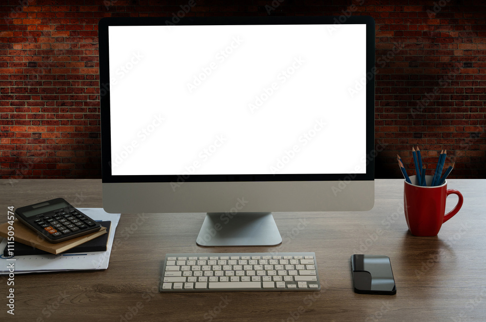Wall mural man working businessman using a desktop computer of the blank screen at the wooden working desk.