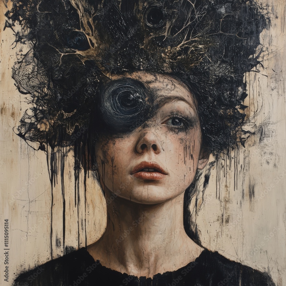 Aufkleber Surreal portrait of a woman with abstract elements in a conceptual studio setting - close-up digital artwork
