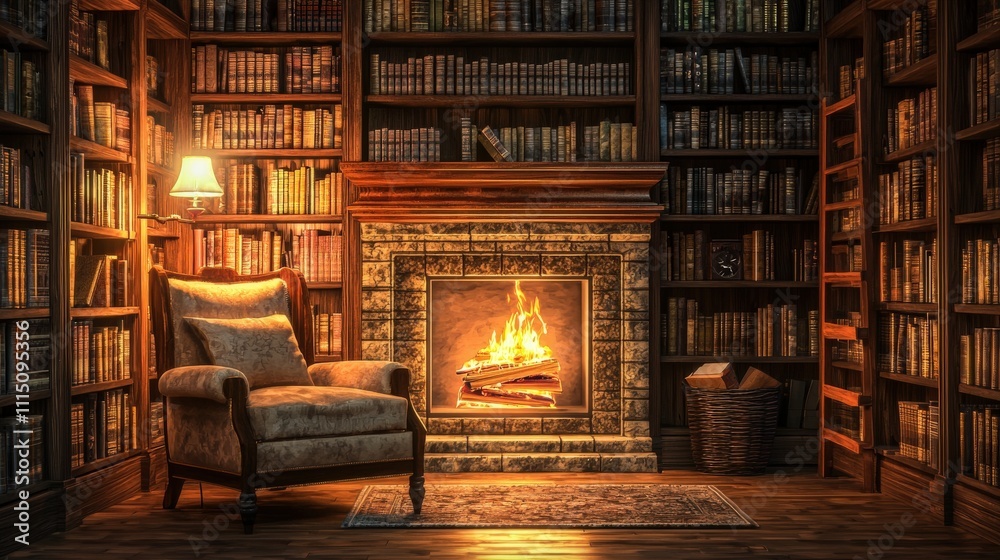 Poster cozy reading corner with fireplace in library warm ambiance inspiring content inviting atmosphere in