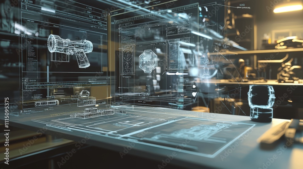 Poster innovative digital workstation displaying screens of intricate designs in a modern office environmen
