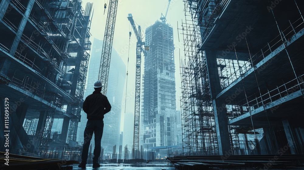 Poster ground level view of structural engineer inspecting foundation in urban industrial building construc