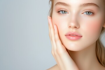 Fototapeta premium A woman applying a light touch to her face, showcasing smooth and flawless skin. Isolated on a white background