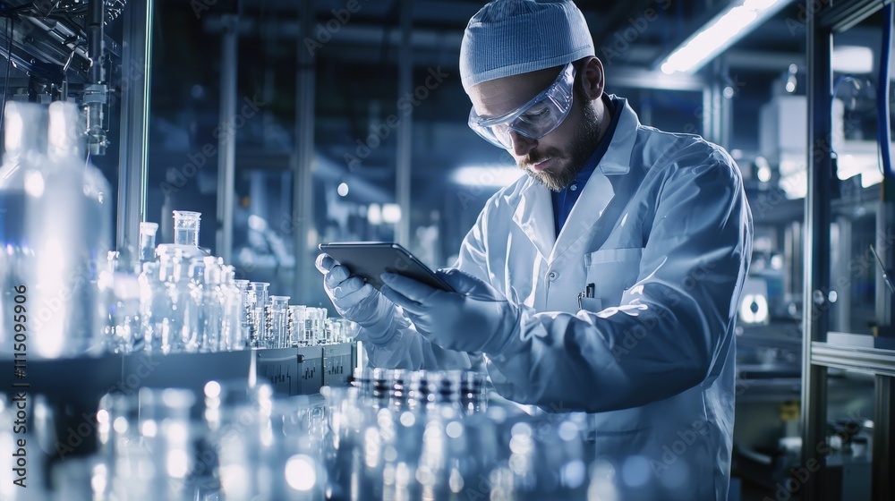 Poster engineer overseeing new industrial machine in factory high-tech environment innovative technology in