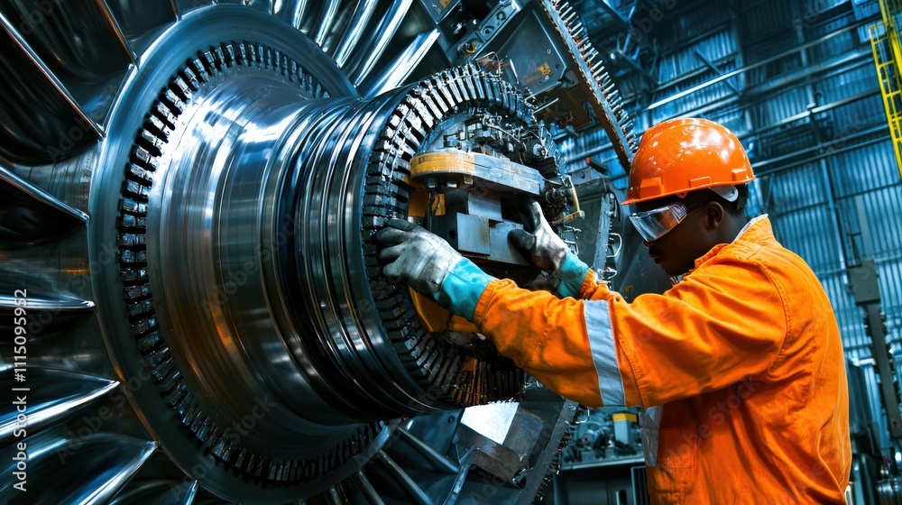 Poster engineer conducting routine maintenance on heavy machinery in industrial facility close-up view of e