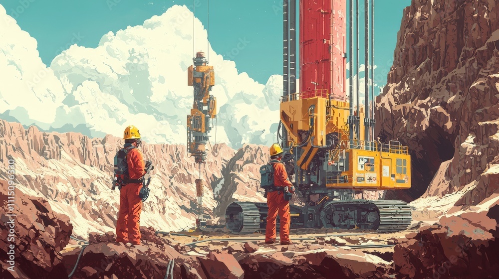 Poster mining engineering site activity remote location digital art rugged terrain ground-level view indust