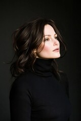 Naklejka premium A woman with dark hair poses gracefully against a dark background while wearing a black turtleneck top