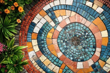 Fototapeta premium Vibrant circular mosaic pattern with surrounding flowers and leaves