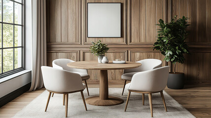 Fototapeta premium Stylish Scandinavian Interior with Rustic Round Table and Beige Chairs Against Paneling Wall