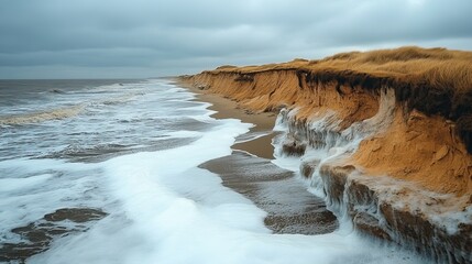 The fragile coastline is being eroded by the rising sea, symbolizing the challenges of climate change