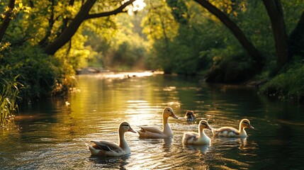 Fototapeta premium Serene Sunset River: Ducks and Golden Hour Tranquility