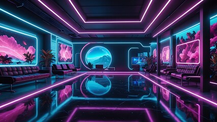 Obraz premium Futuristic Neon Lounge with Panoramic Sci-Fi Landscape View