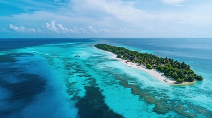 Obraz premium Discover pristine island: turquoise water, white sand beach, lush greenery, boat view, aerial photography. Escape to paradise.