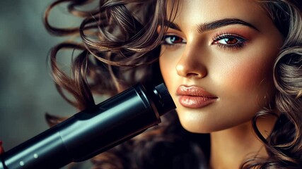 Model styling beautiful curly hair with a curling iron in a salon setting during daylight hours