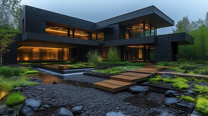 Modern Black House with Water Feature and Zen Garden