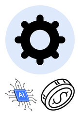 Fototapeta premium Gear representing automation, AI chip for artificial intelligence, and coin symbolizing finance and economy. Ideal for tech development, automation, AI, digital economy, fintech, innovation