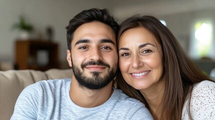 a happy, smiling young man with his mother, sitting on the sofa at home, looking at the camera and hugging each other