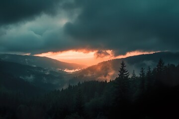 Fototapeta premium Majestic Sunrise Over Misty Mountain Forests with Enchanting Cloudscapes and Tranquil Serenity
