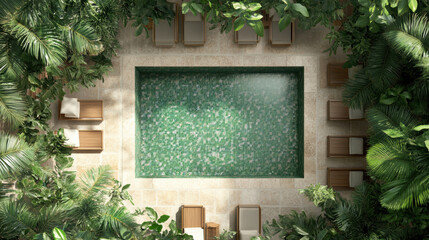 Aerial view of serene swimming pool surrounded by lush greenery, and sun loungers