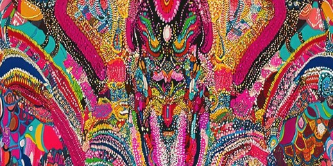A vibrant, abstract illustration featuring intricate patterns and colors.