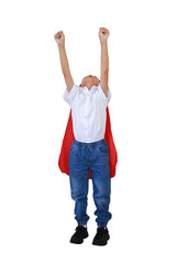 Asian little boy playing power super hero isolated over white background, Superhero concept. Full...
