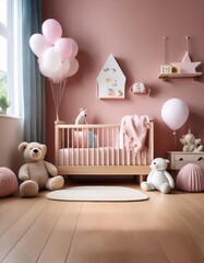 Adorable Pink Nursery with Plush Toys, Wooden Furniture, and Decorative Balloons