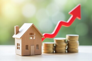 The concept of price appreciation of real estate and country houses. Model house with a rising red arrow and coin stacks. Real estate investment and property value appreciation