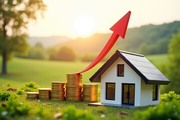 The concept of price appreciation of real estate and country houses. Model house with a rising red arrow and coin stacks. Real estate investment and property value appreciation