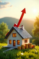 The concept of price appreciation of real estate and country houses. Model house with a rising red arrow and coin stacks. Real estate investment and property value appreciation