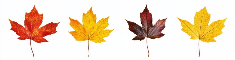 Fototapeta premium Four vibrant maple leaves in different shades of red, yellow, and orange.