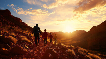 Fototapeta premium family hiking through scenic landscape at sunset, enjoying nature