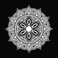 Fototapeta premium Floral Mandala with Symmetrical Patterns, Detailed Black and White Mandala Illustration, Ornamental Mandala with Floral Accents