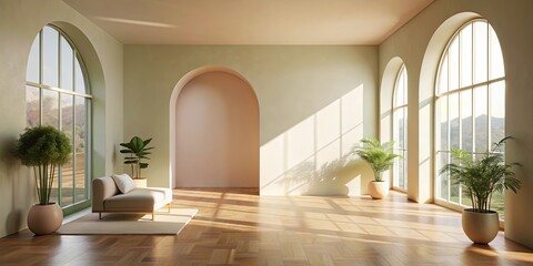 Obraz premium Serene Minimalist Living Room with Arch Windows and Sunlight