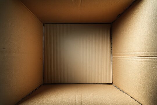 Empty cardboard box interior view, showing corrugated texture. Illustrates concepts of potential, new beginnings, or emptiness.