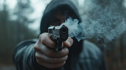 Person holding a pistol in a foggy forest environment during early morning hours