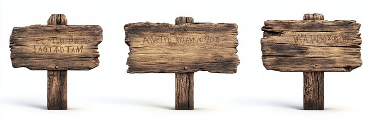 Three rustic wooden signs with rough texture and blank space for your text or logo, isolated on white background.