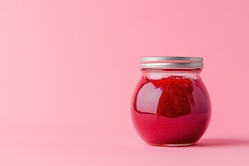 A glass jar filled with vibrant red jam isolated on a bright pink background