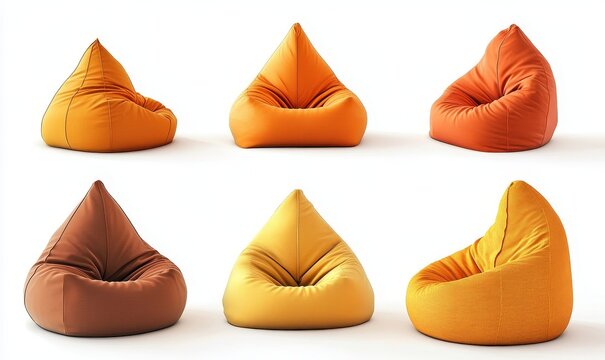 Six bean bags in various yellow and orange hues isolated on white background.