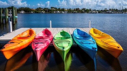 Vibrant Canoes Aligned at Dockside by Calm Waters, Showcasing a Colorful Palette Against a Backdrop of Sunny Skies and Lush Greenery in a Serene Environment