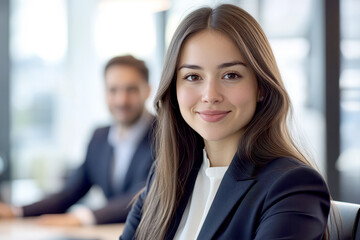 A professional setting inside a modern office with a woman in the foreground