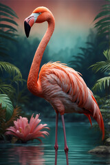 Fototapeta premium a pink flamingo standing against a green background, AI Generated
