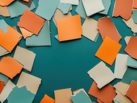 A cluttered table filled with leftover paper fragments from a design project